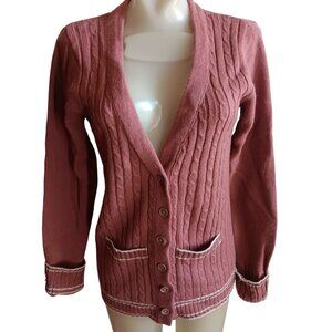 Women's Small Vintage 1970's Cardigan Sweater Collage Cable Knit Ringer Korea